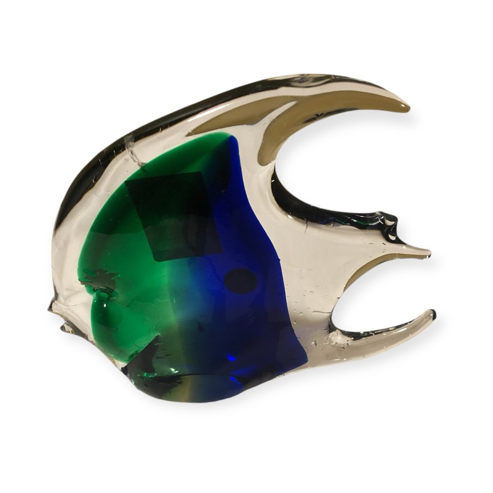 Murano Made in Italy Glass Fish Sculpture Green Blue Clear Decor